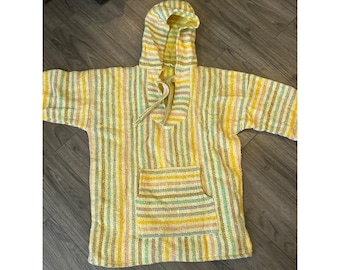 Vintage Mexican Baja Hoodie Yellow Stripe Handwoven Hecho en Mexico Pullover L