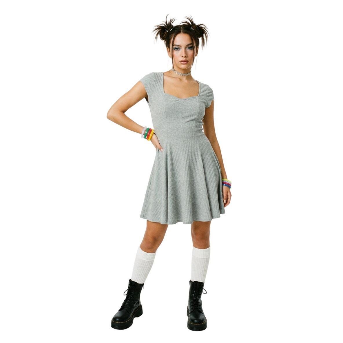 mossimo skater dress Vintage Y2K Mossimo Supply Co Ribbed Skater Dress Grey Mini Sweetheart Neck  XS