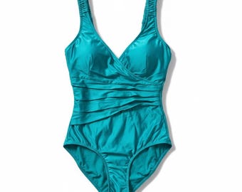 Traje de baño de una pieza fruncido color verde azulado vintage Gottex, fabricado en Israel y EE. UU., talla 10.