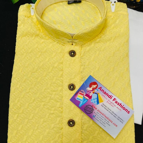 Boys Kurta Set - Boys Cotton Yellow Chikankari Kurta set