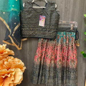 Green and Pink Cute kids lehenga set