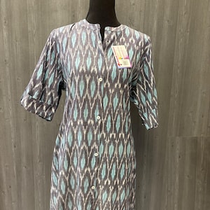 Indian Kurti - Grey Pure Cotton Ikkat Print Kurti Size 46