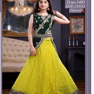 Lehenga for Girls - Yellow Green Girls/Kids Lehenga set/Half saree set