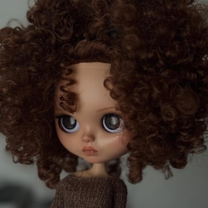 May include: A doll with a fair complexion, large eyes, and a pouty expression. The doll has a brown knitted sweater and a voluminous, curly brown wig. The doll's face is detailed with painted features, including rosy cheeks and subtle lip colour.