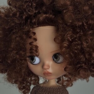 May include: A doll with a brown curly wig and large grey eyes. The doll is wearing a brown jumper. The doll's skin is a light peach colour. The doll's lips are a light pink colour.