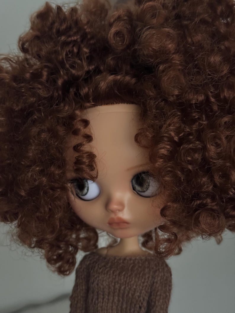 May include: A doll with a brown curly wig and large grey eyes. The doll is wearing a brown jumper. The doll's skin is a light peach colour. The doll's lips are a light pink colour.