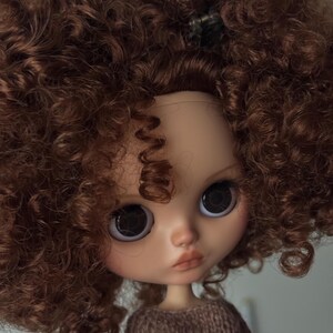 May include: A doll with a fair complexion, large dark eyes, and a neutral expression. The doll has a brown sweater and voluminous, curly auburn hair. A small hair clip is visible in the hair. The doll's face is detailed with subtle makeup.