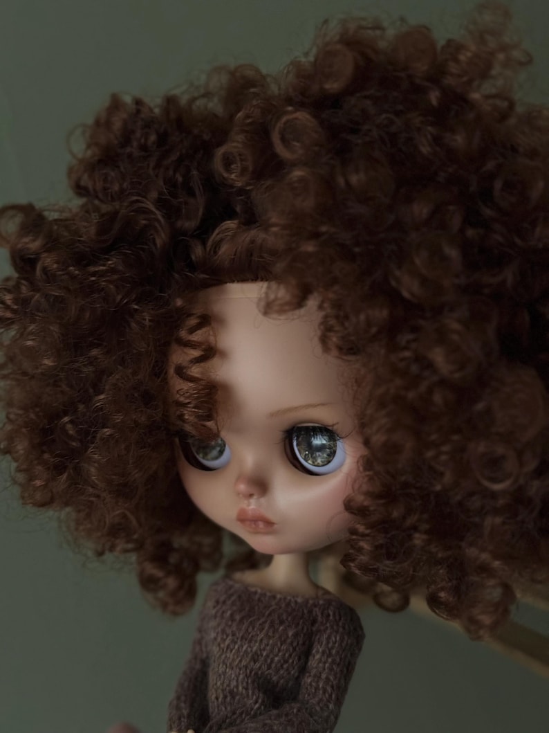 May include: A doll with large, detailed eyes and a neutral expression. The doll has a fair complexion, a small nose, and a pouty mouth. The doll's hair is a voluminous, curly brown. The doll is wearing a brown sweater.