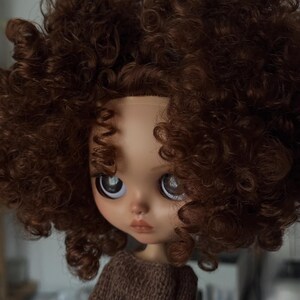 May include: A doll with a fair complexion, large eyes, and a brown curly wig. The doll is wearing a brown jumper. The doll's face has a slight pout, and the eyes are reflective.