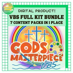 May include: Digital product graphic with text "VBS FULL KIT BUNDLE" and "GOD'S MASTERPIECE". The design includes a rainbow, crosses, a paint palette, and a paintbrush. The background is a mix of colors.