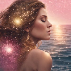 Può includere: Una donna con lunghi capelli castani con un effetto galassia, gli occhi chiusi e un orecchino a foglia d'oro. Lo sfondo è un cielo rosa e blu con un'estensione d'acqua.