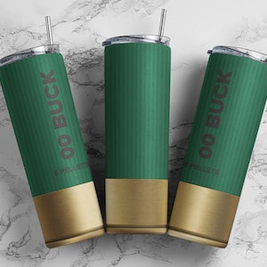 Shotgun shell 00 buckshot green tumbler wrap PNG, 20 oz skinny seamless tumbler sublimation design digital download, Straight tumbler.