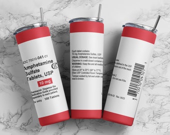 Amphetaminsulfat 10 mg Becherverpackung PNG, 20 Unzen dünne gerade Becherverpackung Sublimationsdesign digitaler Download, lustiger Medikamentenbecher