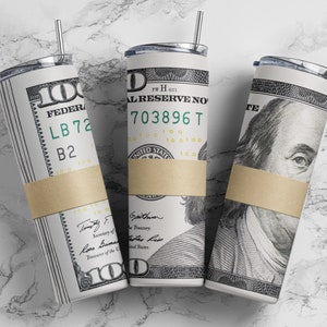 Money roll band tumbler wrap PNG, 20 oz skinny 100 dollar bill seamless tumbler sublimation design digital download, Straight tumbler.