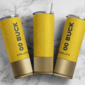 Shotgun shell 00 buckshot yellow tumbler wrap PNG, 20 oz skinny seamless tumbler sublimation design digital download, Straight tumbler.
