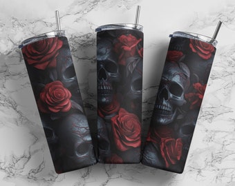 Gothic Schädel und Rosen Becher wickeln PNG, 20 Unzen dünne 3D Becher Sublimation Design digitaler Download, Gerade Becher PNG.