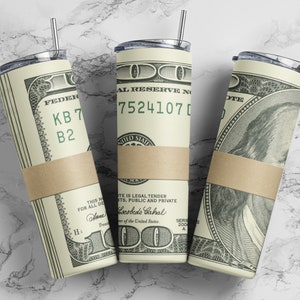Money roll band tumbler wrap PNG, 20 oz skinny 100 dollar bill seamless tumbler sublimation design digital download, Straight tumbler.