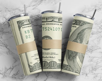 Geldrollenband Tumbler wickeln PNG, 20 Unze dünne 100 Dollarschein nahtlose Tumbler Sublimationsdesign digitaler Download, gerader Tumbler.