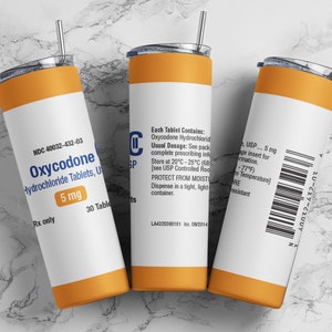 Oxykodon 5 mg tumbler-wrap PNG, 20oz smal rak tumbler-wrap sublimeringsdesign digital nedladdning, rolig medicintumbler-wrap.