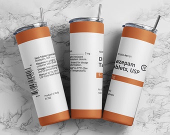 Diazepam 5mg tumbler wrap PNG, 20oz skinny straight tumbler wrap sublimation design digital download, Funny medication tumbler wrap.