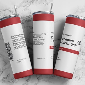 Diazepam 10mg tumbler wrap PNG, 20oz smal rak tumbler wrap sublimeringsdesign digital nedladdning, rolig medicintumbler wrap PNG.