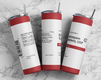 Diazepam 10mg tumbler wrap PNG, 20oz skinny straight tumbler wrap sublimation design digital download, Funny medication tumbler wrap.
