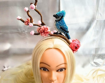 Handmade bluejay bird floral pearl derby fascinator headband for women hair accessories for garden party & tea party, Easter festival outfit