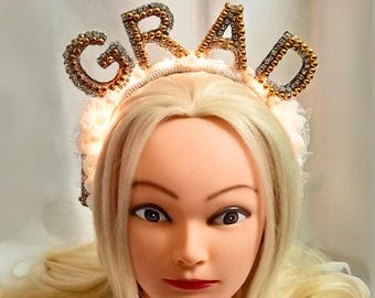 Unique GRAD light-up graduation pearl crystal flower headband fascinator for women college graduation party gift tiara for women best friend