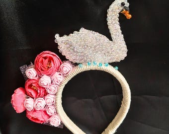 Handmade white pearl swan pink flower derby fascinator headband for women hair accessories unique garden party dress Easter festival outfit