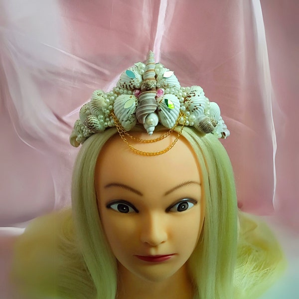 Corona de concha de sirena blanca para corona de perla de luna del festival, accesorio para el cabello para mujeres, piezas de cabello nupcial de boda, corona celestial de diosa