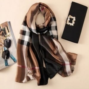 Luxurious Silk Polyester Scarf in Hazelnut - Checkered Design - Checkered Silk Scarf - Large Silk Scarf - Evening Cover Up - Perfect Gift