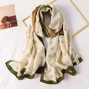 Luxurious Silk Polyester Scarf in Olive Beige - Checkered Design - Checkered Silk Scarf - Large Silk Scarf - Evening Cover Up - Perfect Gift