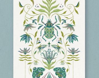 Emerald - Blue bug and floral A4 / A5 Art Print