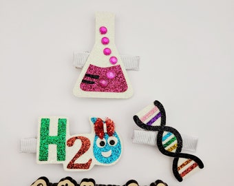 Set of 3 Science, DNA, H2O, Flask, Hair Clips