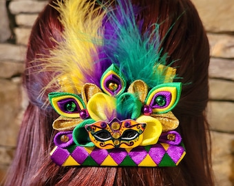 Mardi Gras Carnival Hair Clip, Mask, Colorful Flowers, Gemstones, Feathers, Barrette Clip