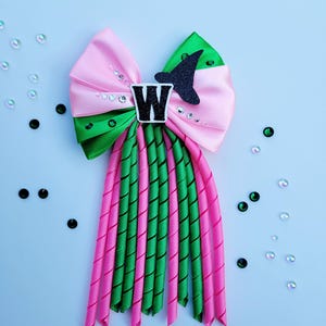 May include: A pink and green hair bow with a black glitter witch hat and a white letter "W" in the center. The bow has pink and green ribbons with a spiral design, and is decorated with clear and black sequins.
