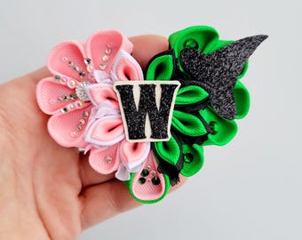 Green and Pink Heart Folded Ribbon, Barrette Clip for Hair