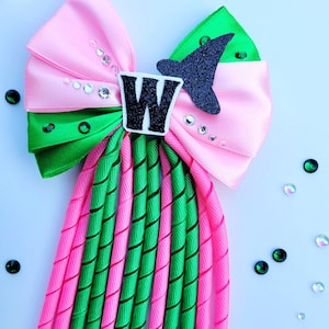 May include: A pink and green hair bow with a black glitter accent shaped like a bird. The bow features the letter "W" and is embellished with rhinestones. The bow has long, spiraled pink and green streamers.