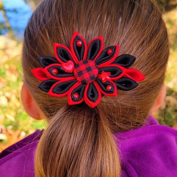 Plaid Flower Hair Clip Black Plaid Flower, Flower Hair Clip, Flower Hair  main image 2