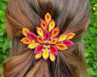 Fall Leaf Folded Ribbon Hair Clip, Autumn, Fall Harvest, Yellow, Red, Orange
