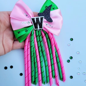 May include: A pink and green hair bow with a black glitter witch hat and the letter "W". The bow features a pink satin bow, green accents, and pink and green spiral ribbons. Rhinestones are scattered around the bow.