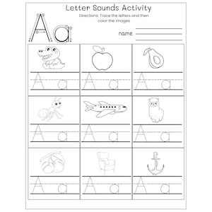 26 hojas imprimibles para practicar el sonido de las letras del alfabeto. Fonética para preescolar y jardín de infantes.