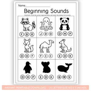 Beginning Sounds and Shadow Matching Worksheets – Phonics Printable – Preschool Kindergarten – Homeschool – Teacher Resource – Download