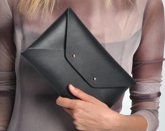 Black Leather Envelope Clutch: Handmade Minimal Evening Women's Bag