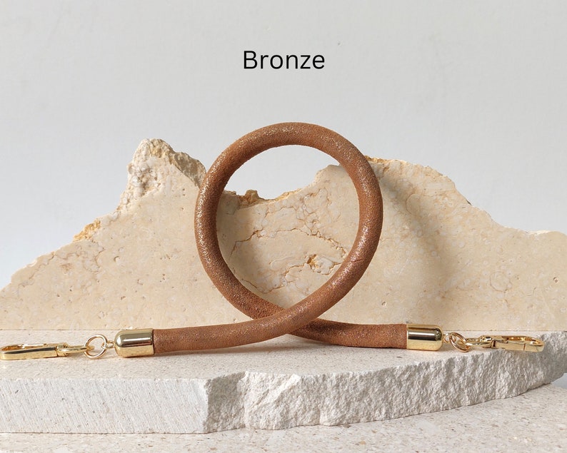 Round bag's metallic leather handle, Round leather strap, Handle for purse, Strap for handbags, Leather shoulder strap, Removable strap Bronze