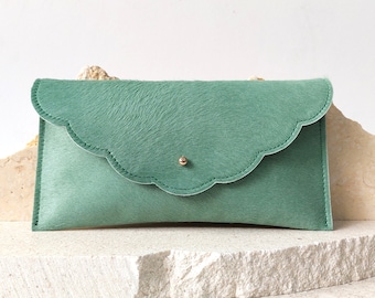 Mint cowhide leather pouch, Mint leather wallet, Hairy mini clutch bag, Mint envelope clutch, Leather wrist clutch, Green leather pouch