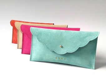 Personalized Suede Leather Pouch, Envelope Clutch, Bridesmaid Gift