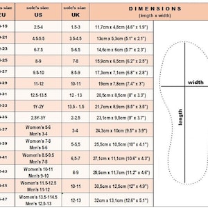 May include: Shoe size conversion chart with EU, US, and UK sizes, along with corresponding measurements in centimeters and inches. Includes a diagram illustrating length and width for reference.