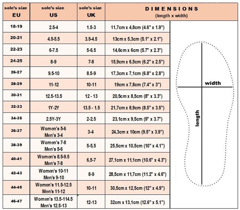 May include: Shoe size conversion chart with EU, US, and UK sizes, along with corresponding measurements in centimeters and inches. Includes a diagram illustrating length and width for reference.