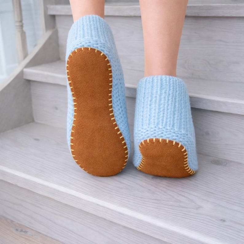 Pre-Punched Suede Leather Soles: Adult Slippers, Camel Brown Anti-slip Booties, Knit Socks image 2